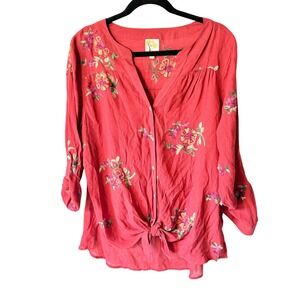 Fig‎ and Flower Embroidered Tie Front Blouse Coral Red 1X New NWT cottage core